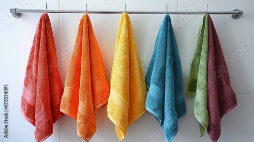 Colorful towels hanging neatly on a rail photo