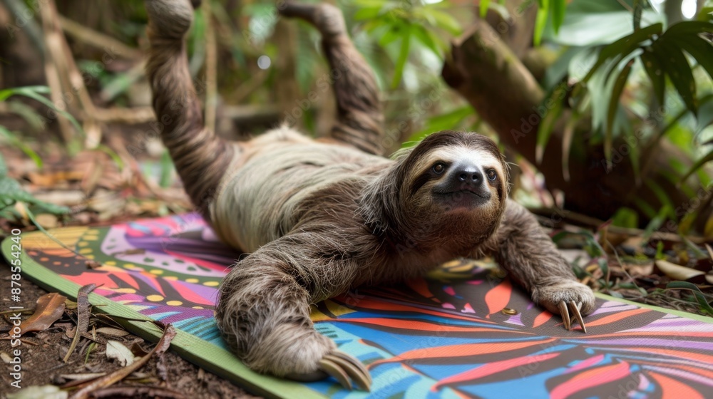 Fototapeta premium A sloth stretching in a downward dog pose on a colorful yoga mat in a jungle