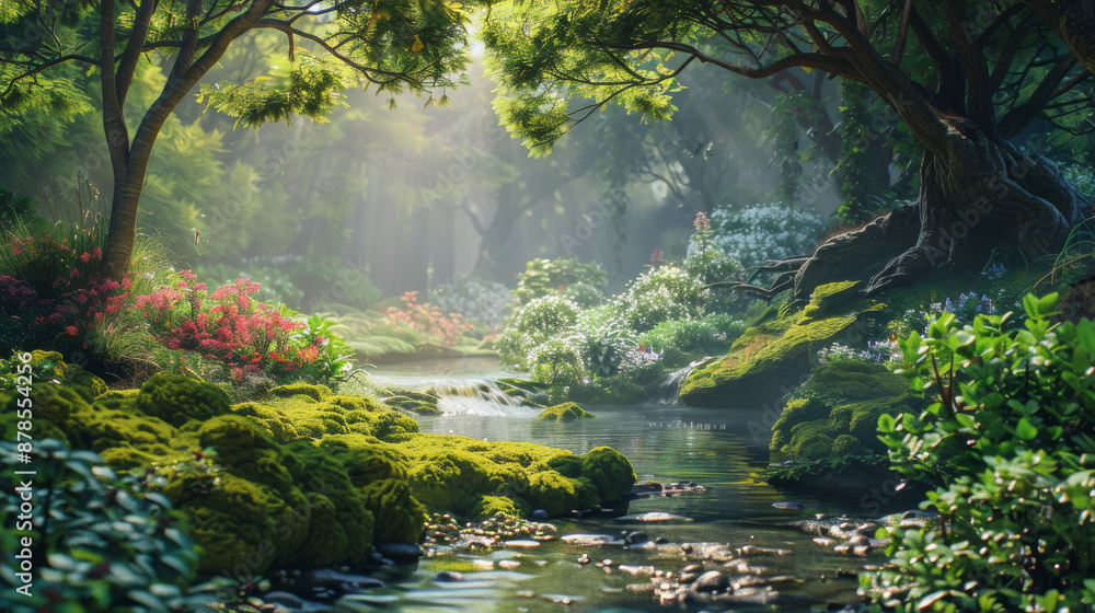 A vibrant ecosystem with elements like trees, shrubs, vines, and a meandering stream or pond. Include details like dew-kissed leaves, moss-covered rocks, and patches of wildflowers. A vibrant ecosystem with elements like trees, shrubs, vines, and a meandering stream or pond. Include details like dew-kissed leaves, moss-covered rocks, and patches of wildflowers.