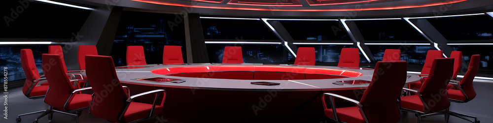 Naklejka premium Red chairs around a futuristic table, a sleek and modern office setting for a successful business meeting 