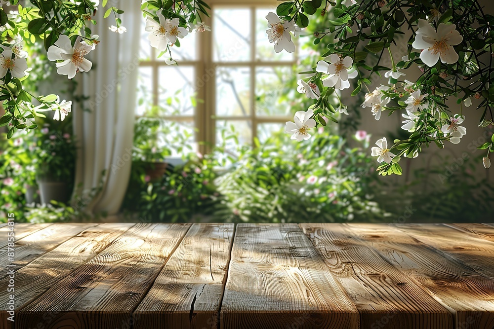 A wooden table with a view of a garden outside A wooden table with a view of a garden outside