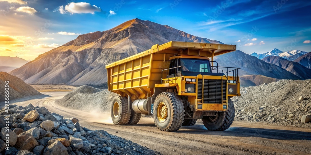 Yellow Dump Truck Driving Through Rocky Mountain Landscape, Mining, Construction, Heavy Equipment, Excavation Yellow Dump Truck Driving Through Rocky Mountain Landscape, Mining, Construction, Heavy Equipment, Excavation