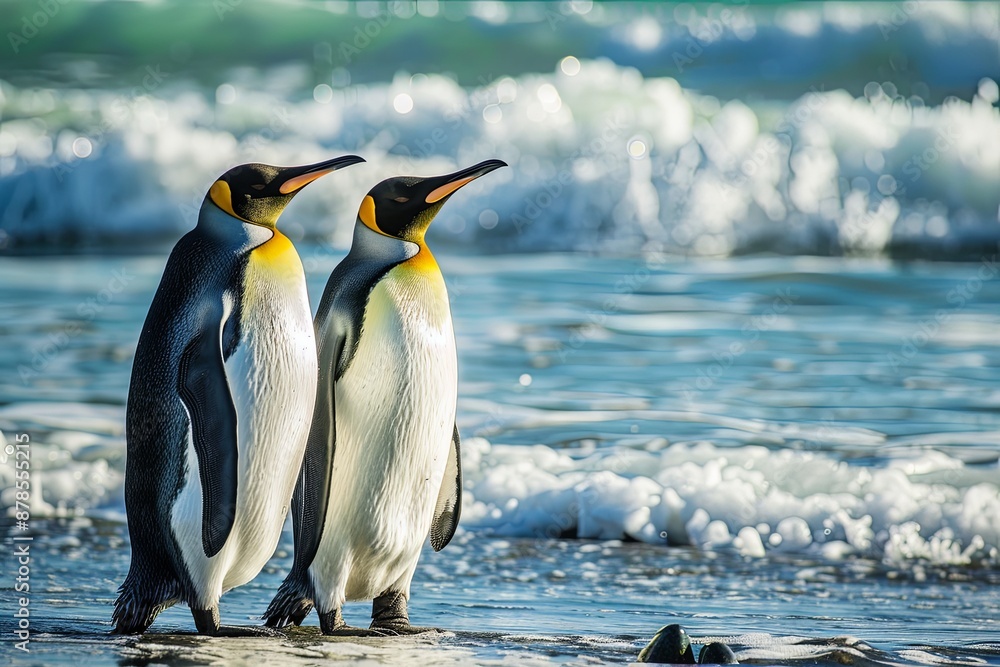 Fototapeta premium Two King Penguins Standing on a Beach.