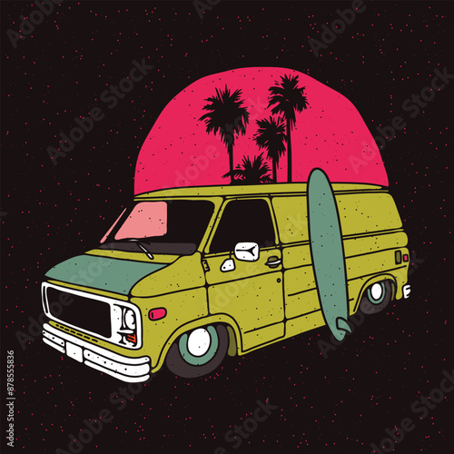 Old vintage low van with sun, surfboard and palms . Isolated vector illustration on grunge texture background.