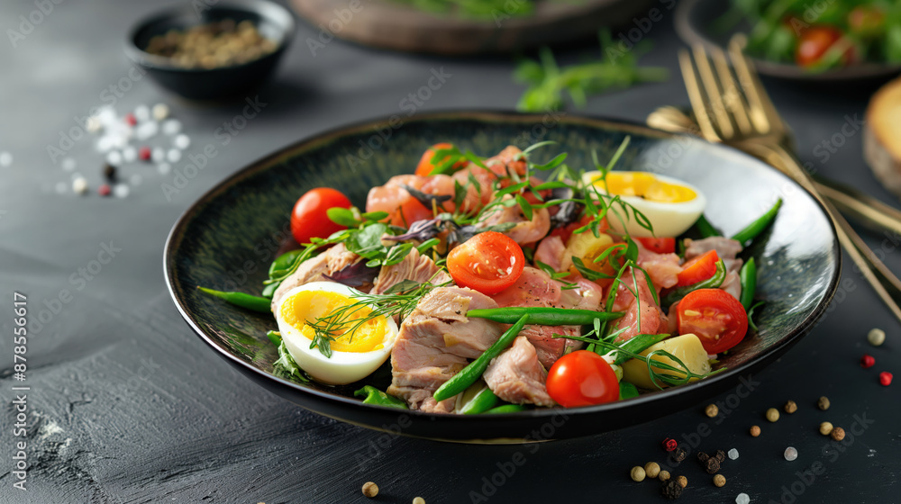 Nicoise salad with fresh vegetables, egg, tuna, olives, and herbs. Traditional dish of France Nicoise salad with fresh vegetables, egg, tuna, olives, and herbs. Traditional dish of France