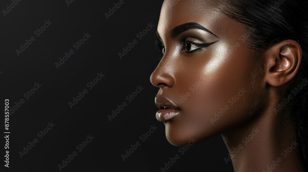 A close-up portrait of a model with striking dark skin and dramatic makeup A close-up portrait of a model with striking dark skin and dramatic makeup