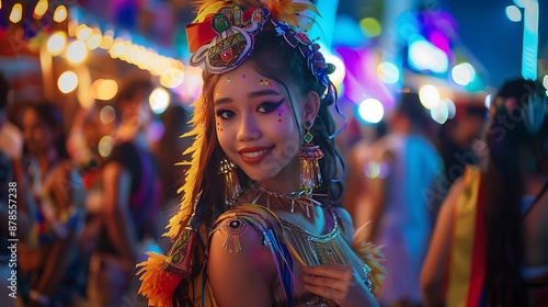 Smiling Woman in Colorful Festive Attire at a Night Market
