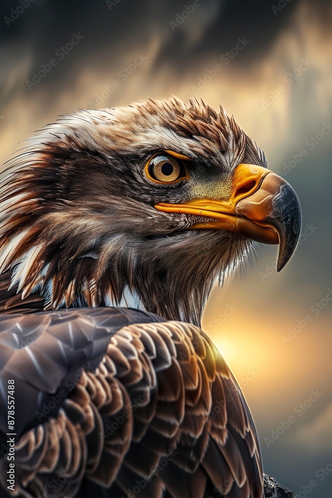 Obraz premium Close-up of an eagle's eye in a dramatic nature setting. Intense look of an eagle in the wild.