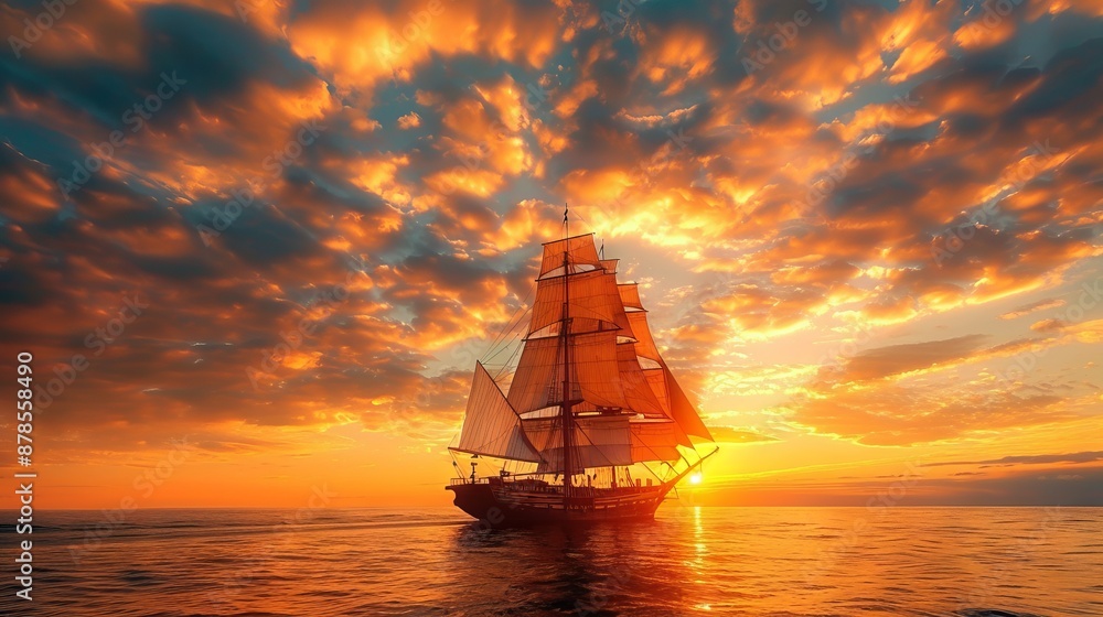 Fototapeta premium Sailing ship at sunset with vibrant sky