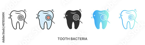 Vector tooth bacteria icon, cleaning treatment of teeth icon in solid, gradient and line styles and lineal color. Trendy colors. Isolated on a white background. Editable stroke