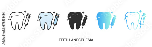 Vector teeth anesthesia icon, teeth anesthesia syringe icon in solid, gradient and line styles and lineal color. Trendy colors. Isolated on a white background. Editable stroke