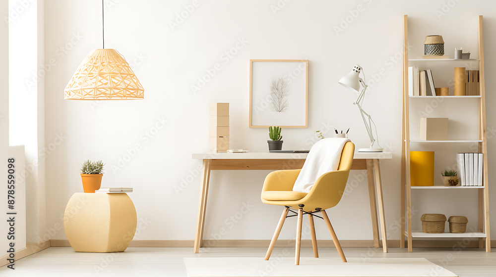 Obraz premium A bright yellow chair and a wooden desk with a white lamp in a minimalist home office, perfect for modern interior design 