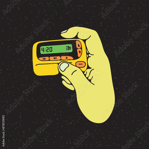 Pager in Hand The Old Wireless Telecommunication Technology Vector Illustration on Grunge Texture Background