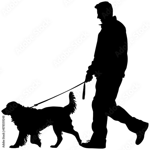 Silhouette of a man walking a dog, isolated 