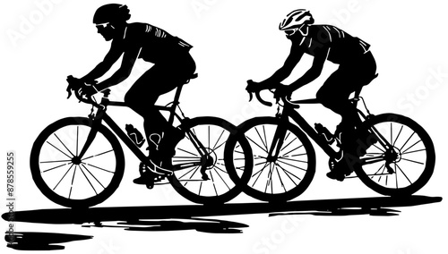 Silhouette of two bicycle riders racing 
