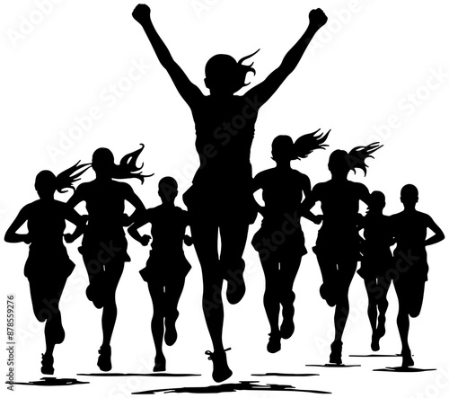 silhouette of women in a race with the winner in the front 