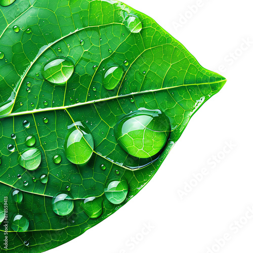 Close-up of vibrant green leaf with fresh dewdrops, showcasing natural texture and water droplets. Perfect for nature and botanical themes. photo