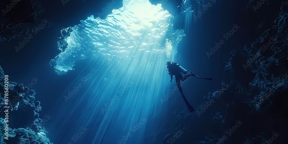 Diver Exploring Underwater Cave With Light Rays. Diver Exploring Underwater Cave With Light Rays.