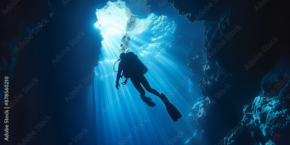 Silhouette of scuba diver in a cenote with light rays. Silhouette of scuba diver in a cenote with light rays.