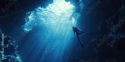 Wallpaper Mural Diver Exploring Underwater Cave With Light Rays. Torontodigital.ca