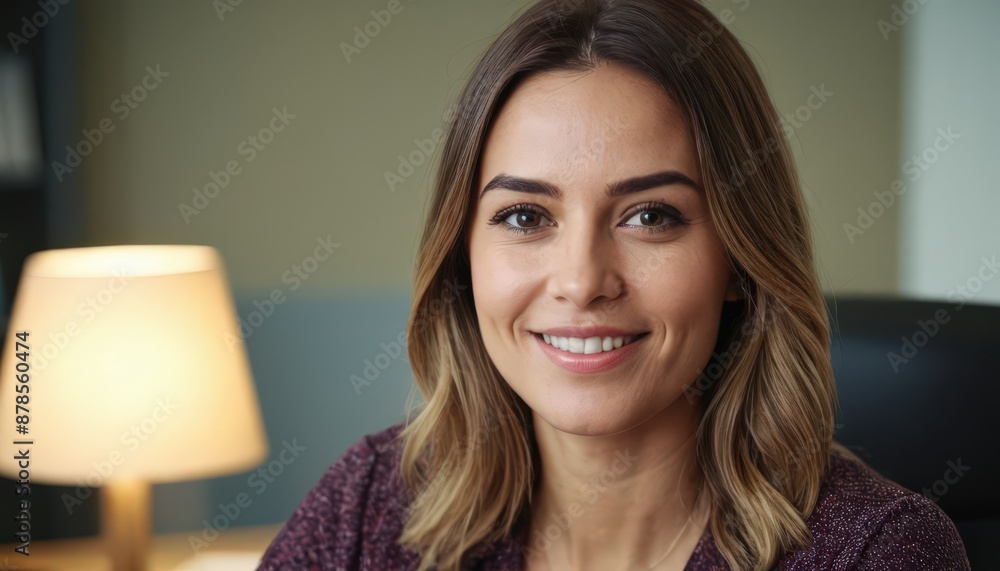 A girl smiling in front of a lamp and on a yellow background. A girl smiling in front of a lamp and on a yellow background.