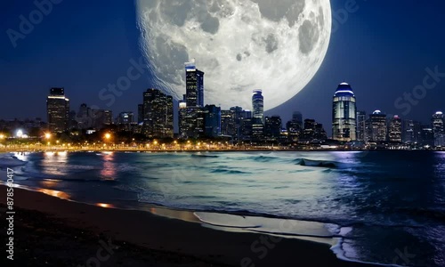 Big full moon at night over cityscape on beach, nature and cityscape concept.