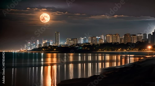 Big full moon at night over cityscape on beach, nature and cityscape concept.