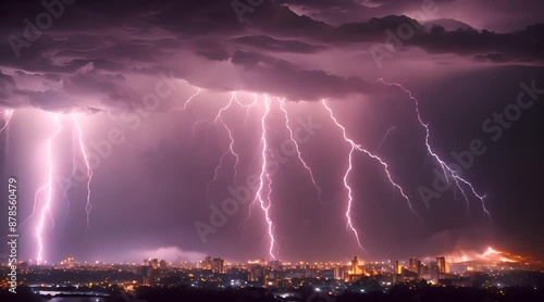 Lightning at night at night over cityscape.