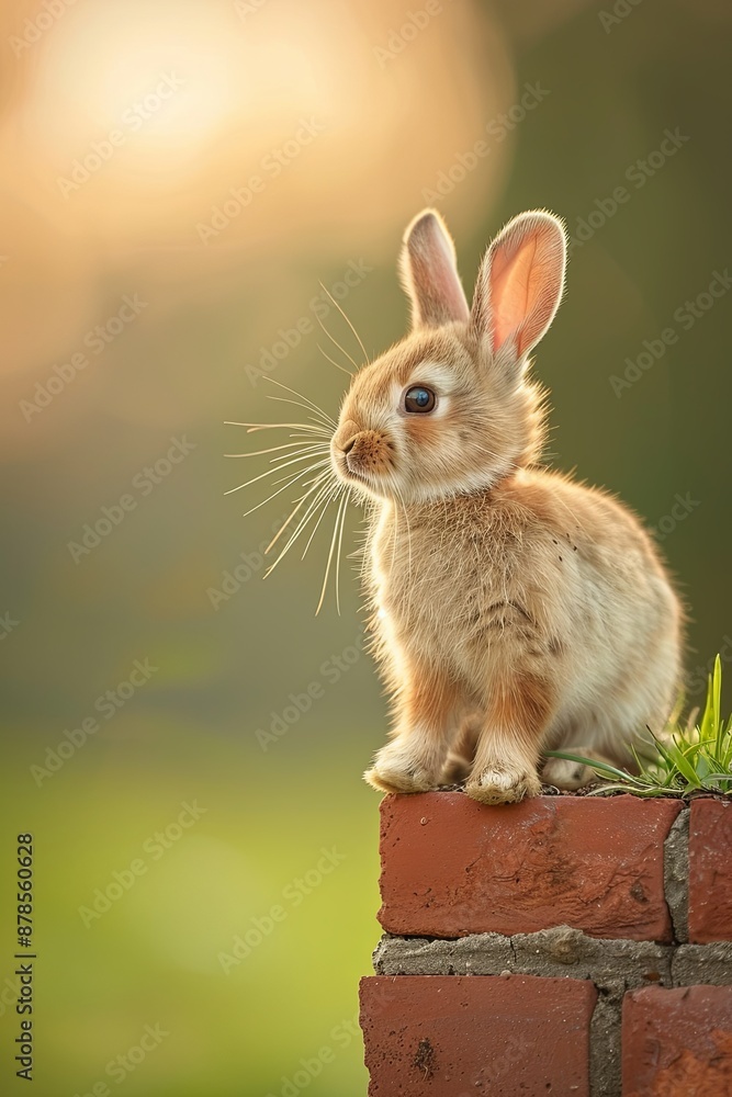Fototapeta premium Cute baby bunny sitting on a brick wall.