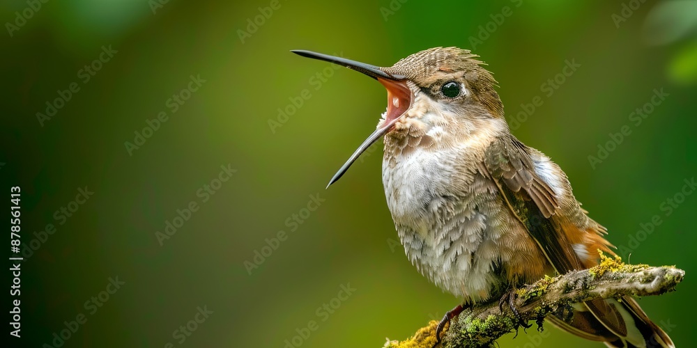Obraz premium Hummingbird with Open Beak on Branch.