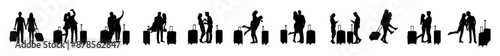 Tourist couple traveling with travel bags in different poses vector black silhouettes set.