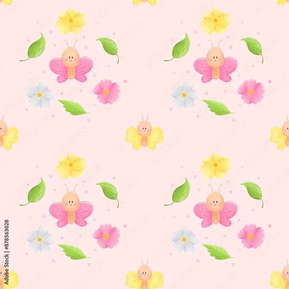 Fototapeta premium Seamless pattern cute insects , baby print, paper. Kids textile , flowers