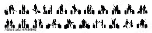 Couple traveling together with suitcases in different poses black silhouettes set collection. Happy cheerful travellers luggage vacation various poses vector silhouettes set.