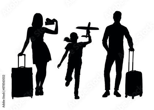 Couple travellers holding flight tickets while their daughter holding toy airplane ready to go on traveling vacation vector silhouettes.