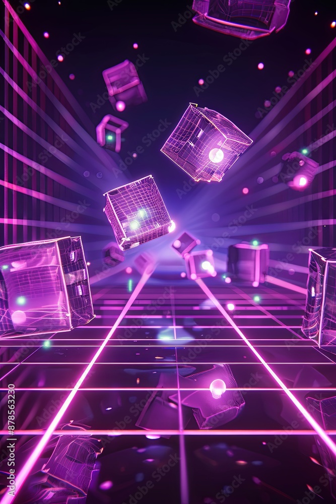 3D Neon Grid with Glowing Cubes. 3D Neon Grid with Glowing Cubes.