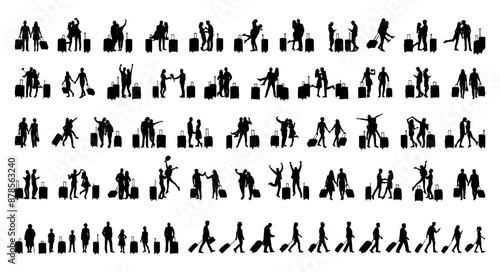 People all ages with suitcase in different poses going to travel on holidays vector silhouettes set. Couple travellers with travel bags in various poses black silhouette set collection.