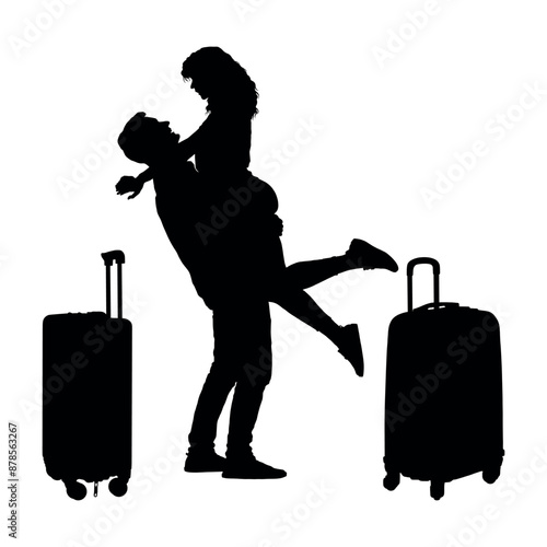 Happy couple hugging each other while traveling black silhouette. Man lifting up his wife exciting about going to travel together vector silhouette.