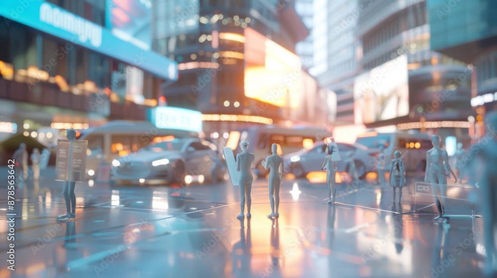 Futuristic cityscape with glowing lights showcasing busy streets and high-rise buildings during twilight, populated by small figures. Futuristic cityscape with glowing lights showcasing busy streets and high-rise buildings during twilight, populated by small figures.