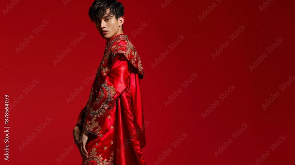 A man in a traditional Thai outfit stands against a red backdrop A man in a traditional Thai outfit stands against a red backdrop