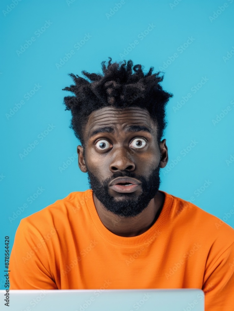 A person looking surprised sitting in front of a computer, possible for use as an illustration for articles or stories about technology and human interaction A person looking surprised sitting in front of a computer, possible for use as an illustration for articles or stories about technology and human interaction