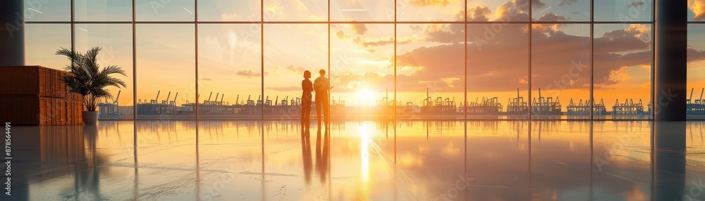 Silhouette of a manager and worker discussing inventory in a cargo warehouse, collaborative inventory, teamwork Silhouette of a manager and worker discussing inventory in a cargo warehouse, collaborative inventory, teamwork