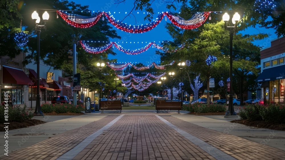 Evening Walkway Decorated With Flags - A scenic view of a downtown ...