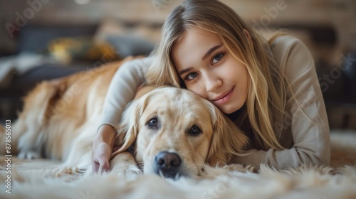 Girl and Golden Retriever Resting on a Cozy Rug © nomesart