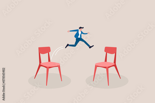 Businessman jumping from office chair to new office metaphor of often changing job. concept of opportunity, hope, new career and success