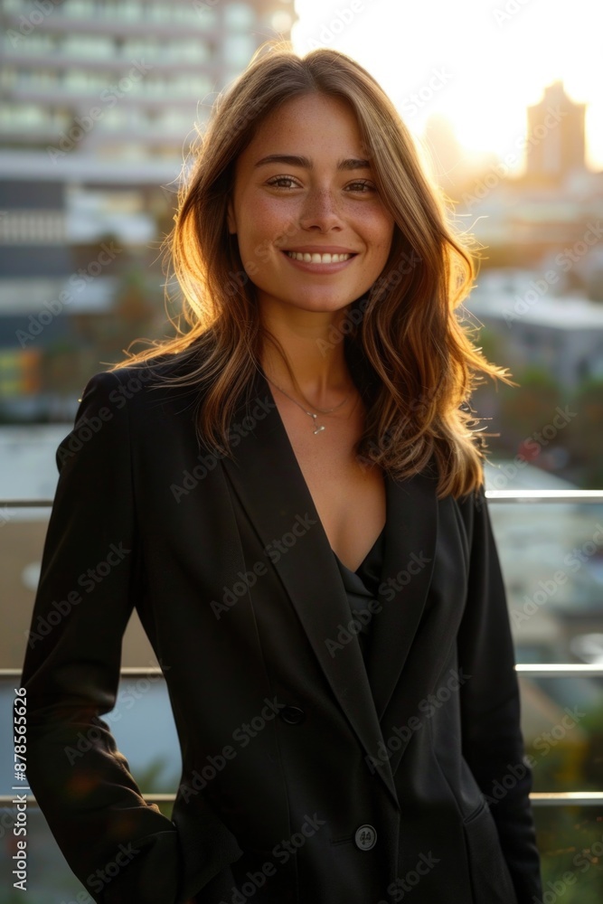 A woman poses for a photo wearing a black blazer, ready to capture the perfect shot A woman poses for a photo wearing a black blazer, ready to capture the perfect shot