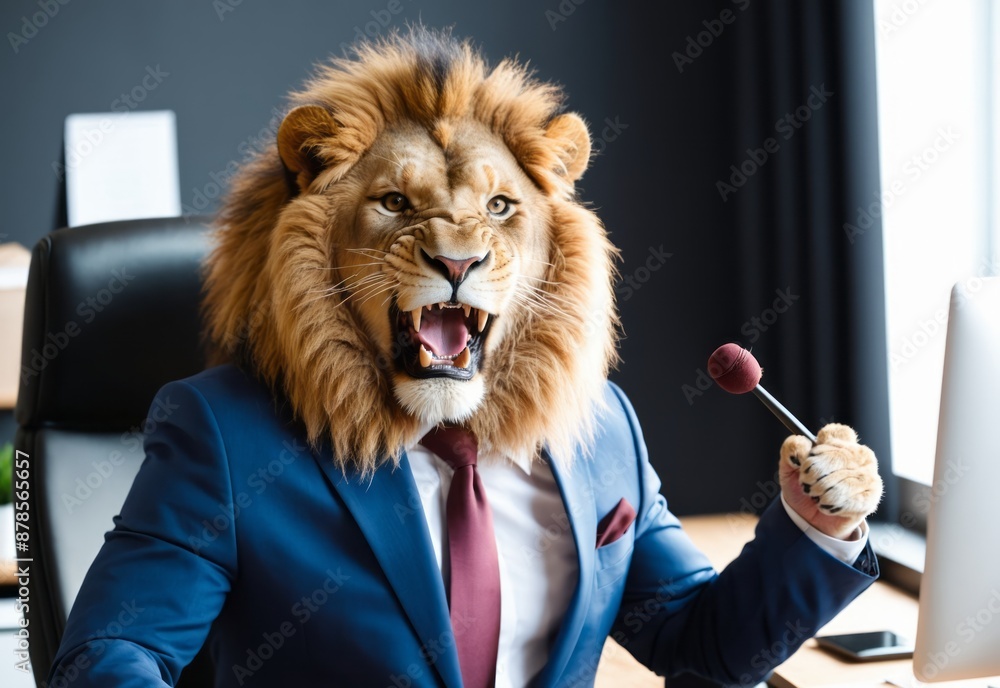 Φωτογραφία Portrait of happy smiling roar lion wear suits working in office, the boss, Crea
