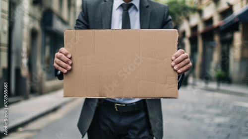 a business man holding up an empty cardboard, jobless concept