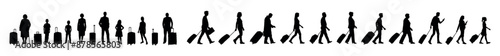People different ages in queue and row with suitcases traveling vector silhouettes set.