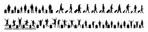 People different ages with suitcases standing in row and queue vector silhouettes set.
