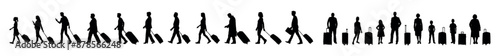 People different ages with suitcases luggage bags walking in queue and standing in row vector silhouettes set.